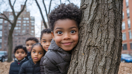 A group of children playing hide-and-seek, peeking down into the camera as they peek out from behind a tree in a city park. The playful moment contrasts with the city buildings behind them