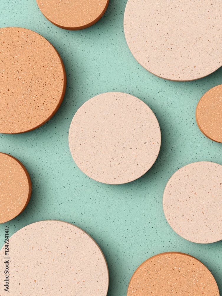 Aufkleber abstract composition of 3d clay shapes in overlapping circles on a turquoise background