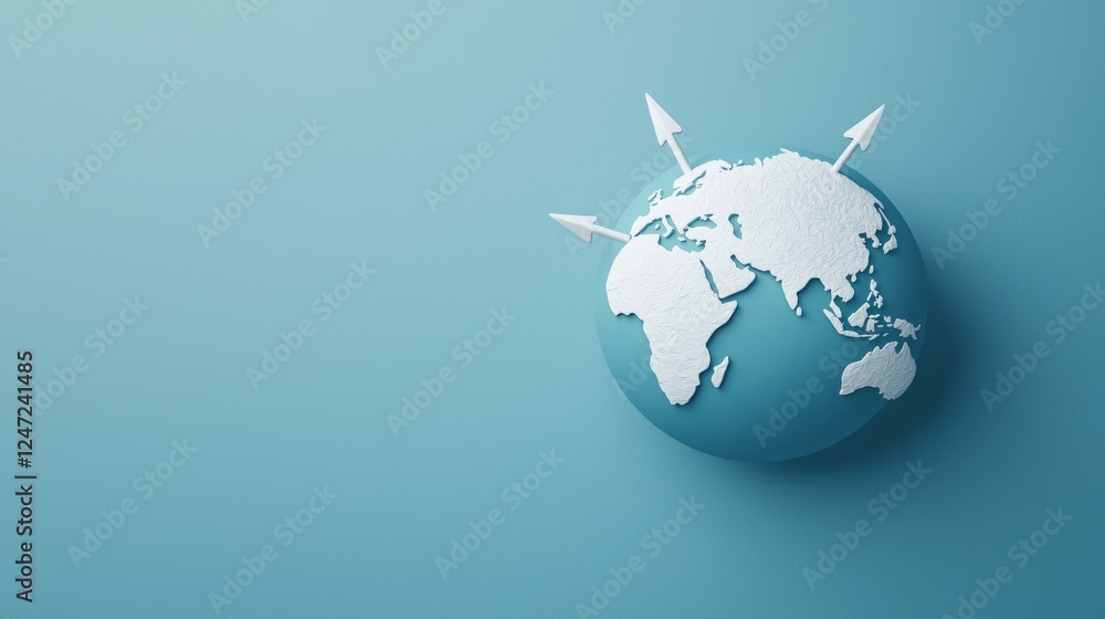 Poster global design concept with sharp arrows pointing towards earth on blue background