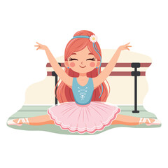 Pretty and gentle ballerina girl in pink and blue dress doing the splits on white background. Poster, Banner, Flyer, Greeting Card. Vector illustration in flat cartoon style