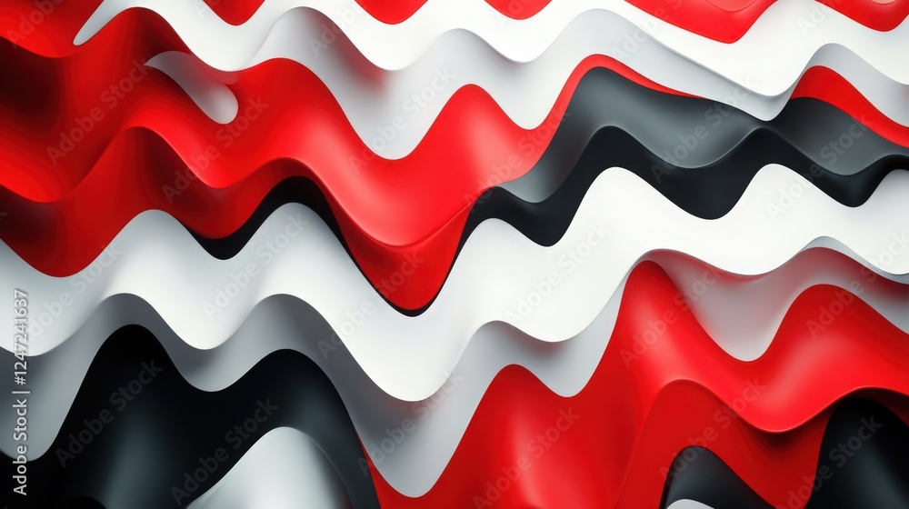 Poster striking abstract wave pattern with red, black and white color scheme