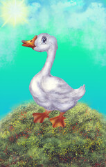 Hand-drawn cheerful cute goose with expressive eyes in nature. Cartoon goose on colorful grass with vibrant background. 
