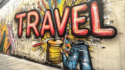 An engaging urban mural presents vibrant travel-themed graffiti, inviting viewers to embrace adventure and creativity through its colorful depiction of spontaneity and artistic expression.