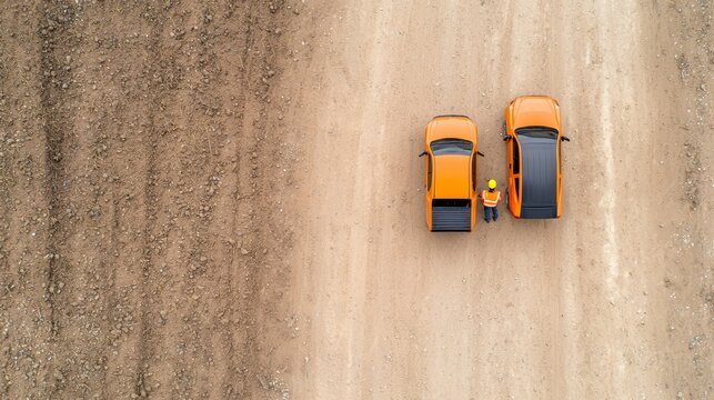 Aerial View of Engineers Managing Solar Power Project with Vehicles in Field