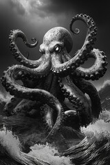 Obraz premium Black and white octopus monster