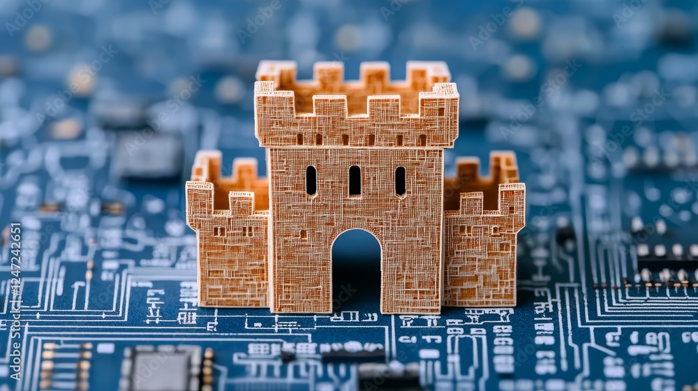 Poster digital fortress model on circuit board background with intricate cut design