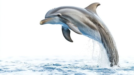 Obraz premium Intelligent dolphin jumping playfully out of water, isolated on a white background.