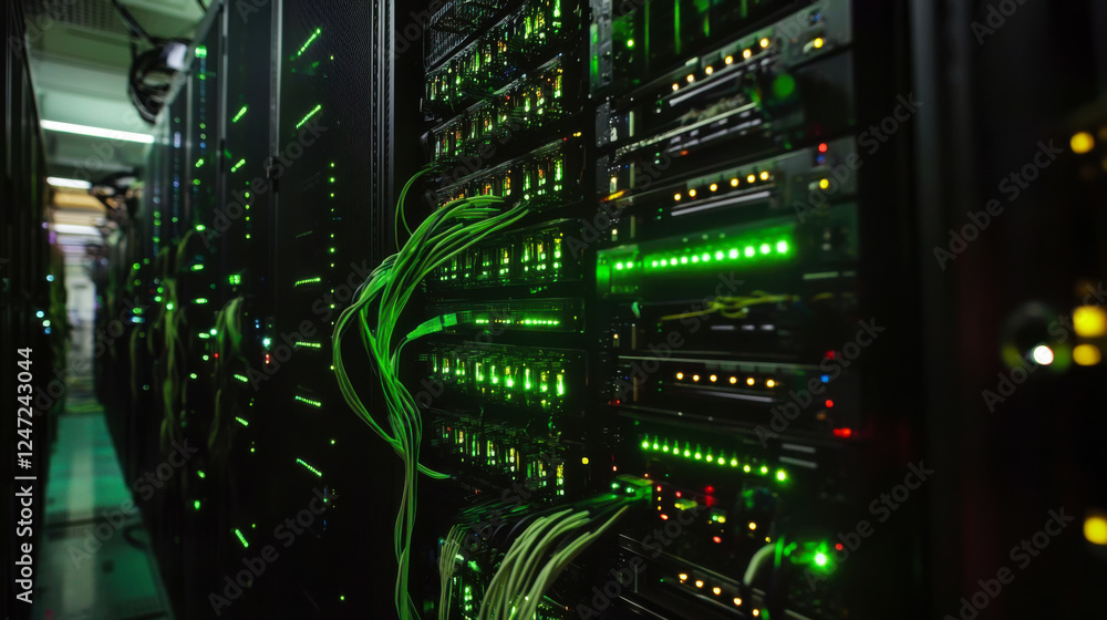 Poster modern data center with illuminated servers showcasing advanced technology in a high-capacity enviro