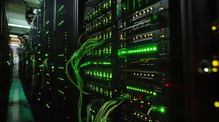 Modern data center with illuminated servers showcasing advanced technology in a high-capacity environment