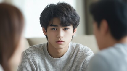 Fototapeta premium A teenage boy with black hair, wearing a light gray sweater, sits in a well-lit room, staring intently at a couple in the foreground.
