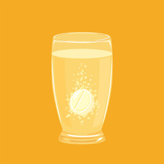 Vitamin C effervescent tablet on glass on yellow background. Vector cartoon flat illustration.