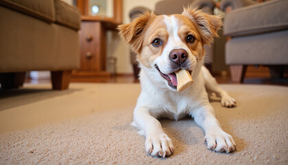 Playful dog chewing a treat on a cozy carpet
