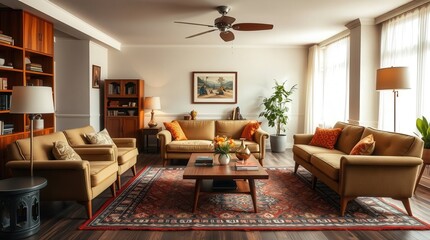 a vintage living room, blending mid-century and contemporary styles. The scene features wooden coffee tables, plush armchairs, and patterned rugs.