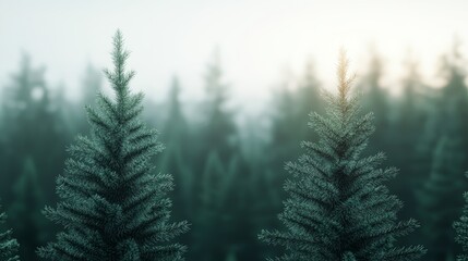 Fototapeta premium Serene Forest Scene with Pine Trees in Misty Atmosphere at Sunrise