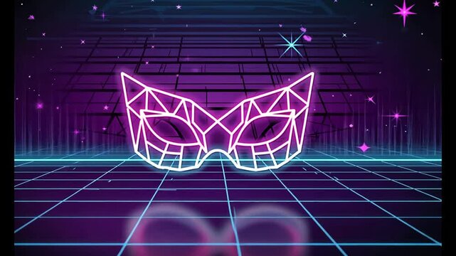 80s style neon mask on a geometric grid background with neon stripes, symbolizing retro culture, music and parties