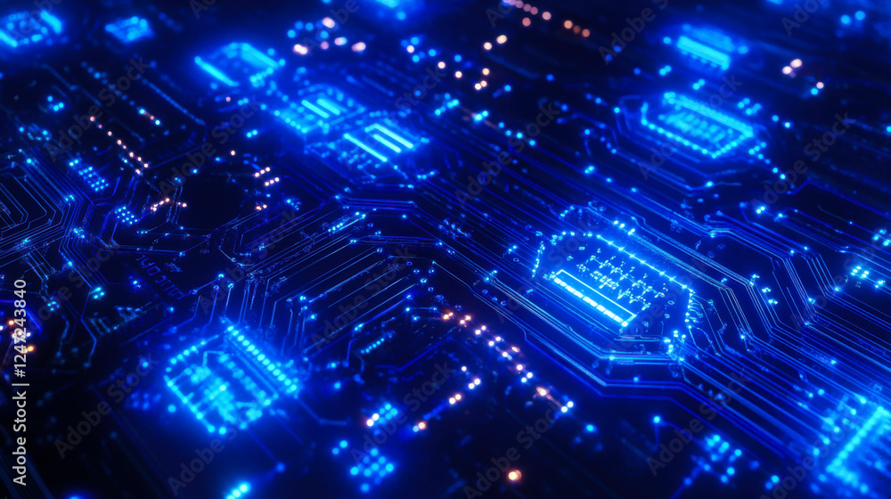 Aufkleber Digital circuit design with glowing blue lines creating an intricate pattern in a technological environment