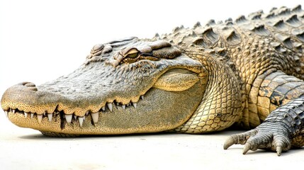Fototapeta premium Massive crocodile lying motionless with its mouth closed, isolated on a white background.