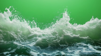  A massive green-tinted wave crashes dramatically, with white foam spraying into the air against a chroma key green screen background.