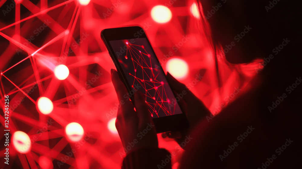 Poster interaction with glowing network pattern on smartphone in a dark environment