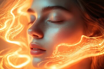 Creative portrait of a woman with glowing orange lights surrounding her face