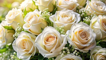Obraz premium White Roses Bouquet Close Up, Greeting Background, Text Space