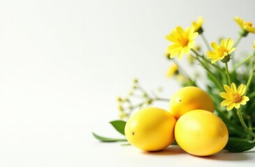 yellow easter eggs and flowers on white surface - concept of spring celebration, festive decorations, new beginnings