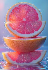 Sliced Pomelo Layers with Water Droplets on Colorful Background
