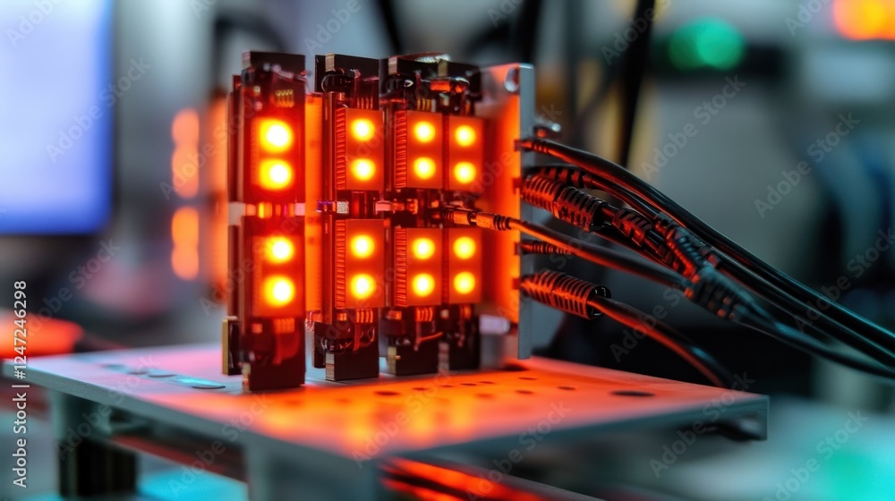 Poster vibrant red led lights illuminate circuit boards in a high tech laboratory. the setup features intri