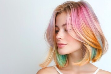 Fototapeta premium Pastel pink orange green ombre bob haircut, trendy modern hairstyle, colorful creative look, cheerful portrait, youthful beauty, vibrant color tones, minimalistic design, fresh fashion style