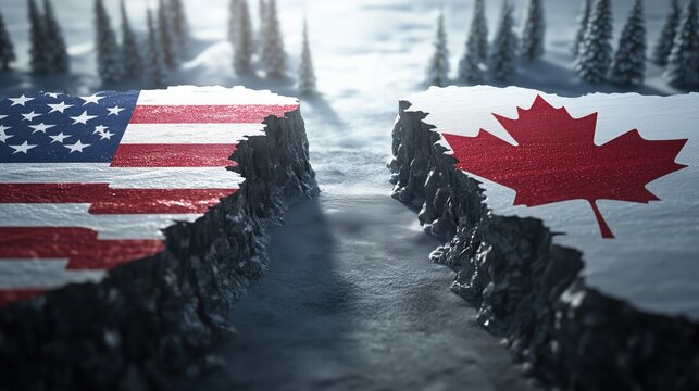 A cracked landmass split between American and Canadian flags, symbolizing division, separation, or political tension. For trade war political meme.