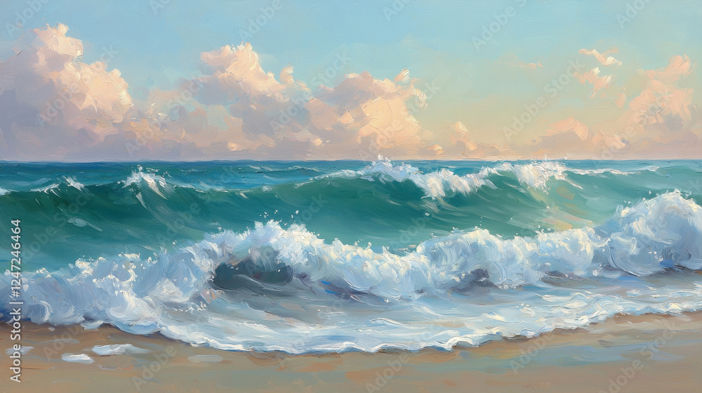Poster serene ocean scene with gentle waves and soft clouds in sky