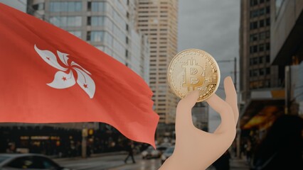 Golden bitcoin held by a hand with a waving Hong kong flag in the background against a modern urban cityscape