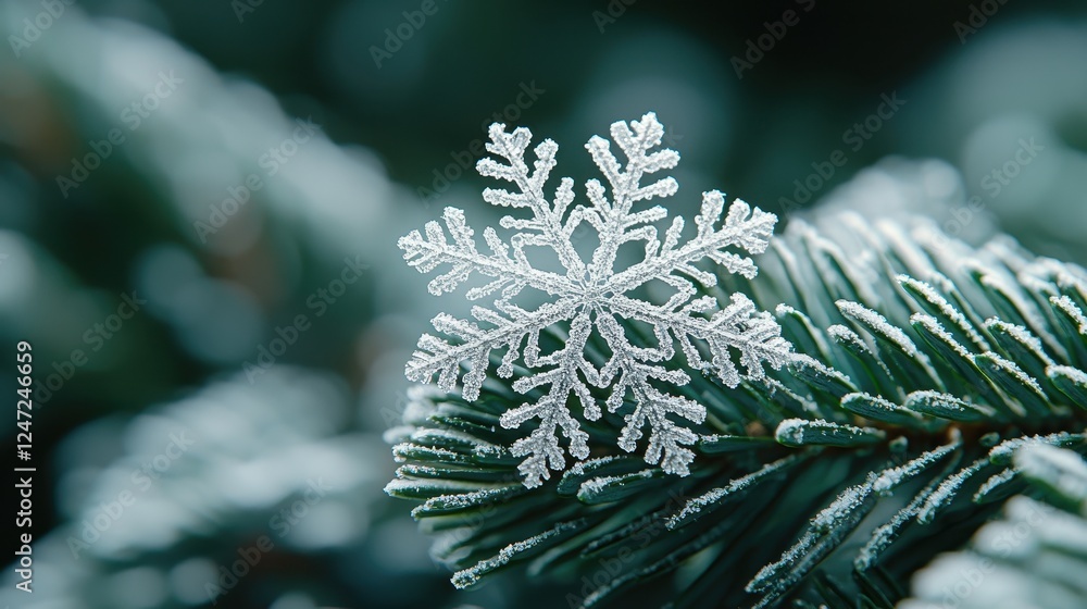 Poster a close-up of a snowflake resting on a frosted pine branch.
