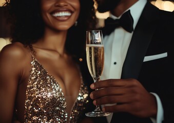 Close-up photo of a Black couple toasting with champagne glasses, wearing formal evening wear and tuxedos, smiling The Black woman is wearing a sequin dress Generative AI