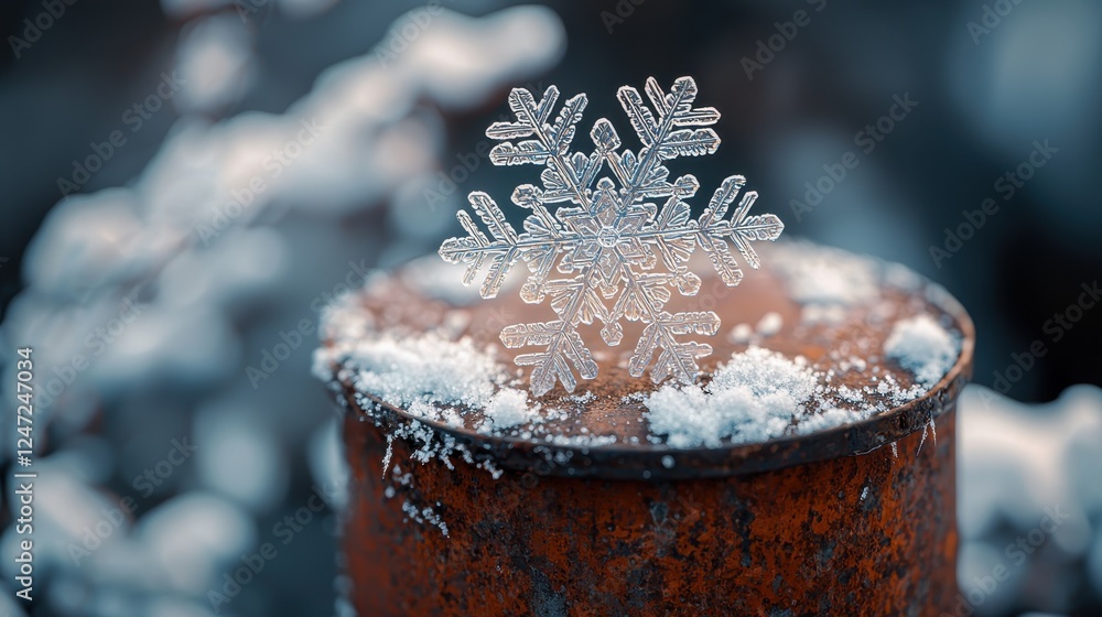 Poster a snowflake rests on a rusty surface, surrounded by a winter landscape.
