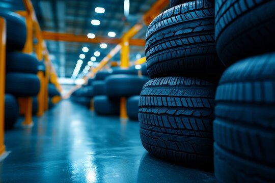 Car tires on shelves. Generative AI