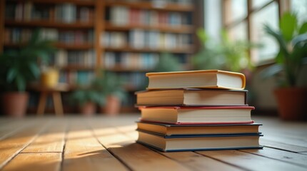Close-up of a colorful stack of books on a wooden floor in a cozy library.