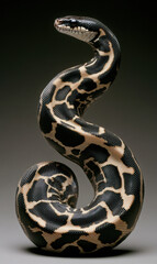 Fototapeta premium striking black and white snake with unique pattern, coiled elegantly against dark background, showcasing its smooth scales and captivating form