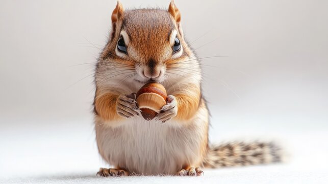 Small chipmunk holding an acorn with its tiny paws, isolated on a white background.