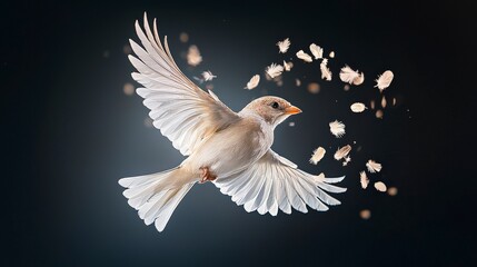 Obraz premium A bird in mid-flight, showcasing its wings with feathers scattering around, set against a dark background.