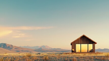 A solitary wooden cabin stands in a vast landscape under a clear sky, with mountains in the distance during golden hour.