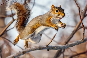 Fototapeta premium Squirrel jumping between branches in a forest