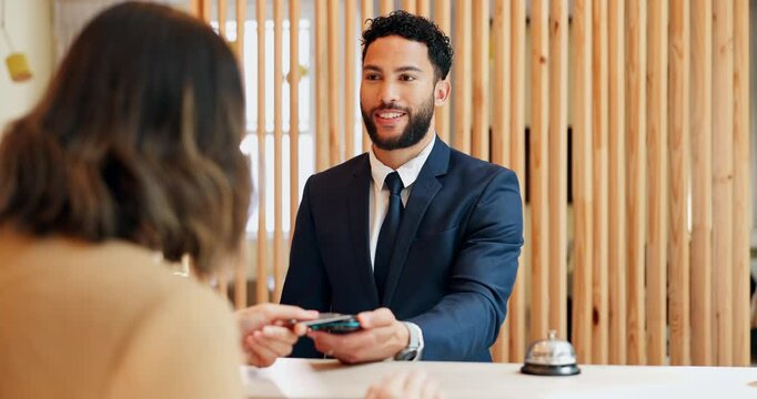 Man, guest and card for payment at hotel accommodation, hospitality service and business booking. People, pos machine and receptionist with checkout transaction, concierge helping and finance support