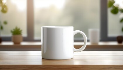 Plain blank white ceramic mug mockup standing on the wooden table