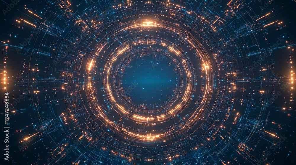 Poster vibrant abstract design featuring circular patterns and glowing lights on a dark background, evoking