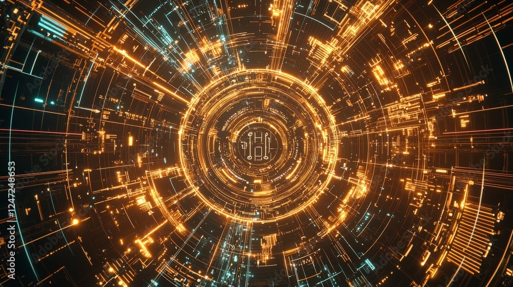 Poster vibrant circular pattern of glowing orange lines and digital elements, creating a futuristic and tec