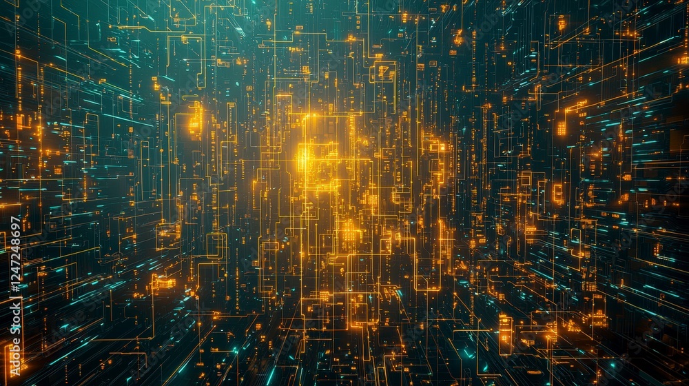 Poster abstract digital landscape with glowing lines and nodes in vibrant colors, representing technology a