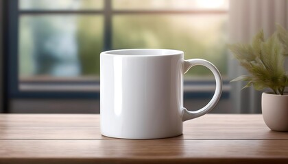 Plain blank white ceramic mug mockup standing on the wooden table