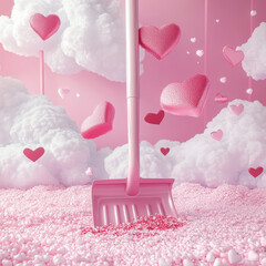 Shovel scooping pink hearts from fluffy clouds