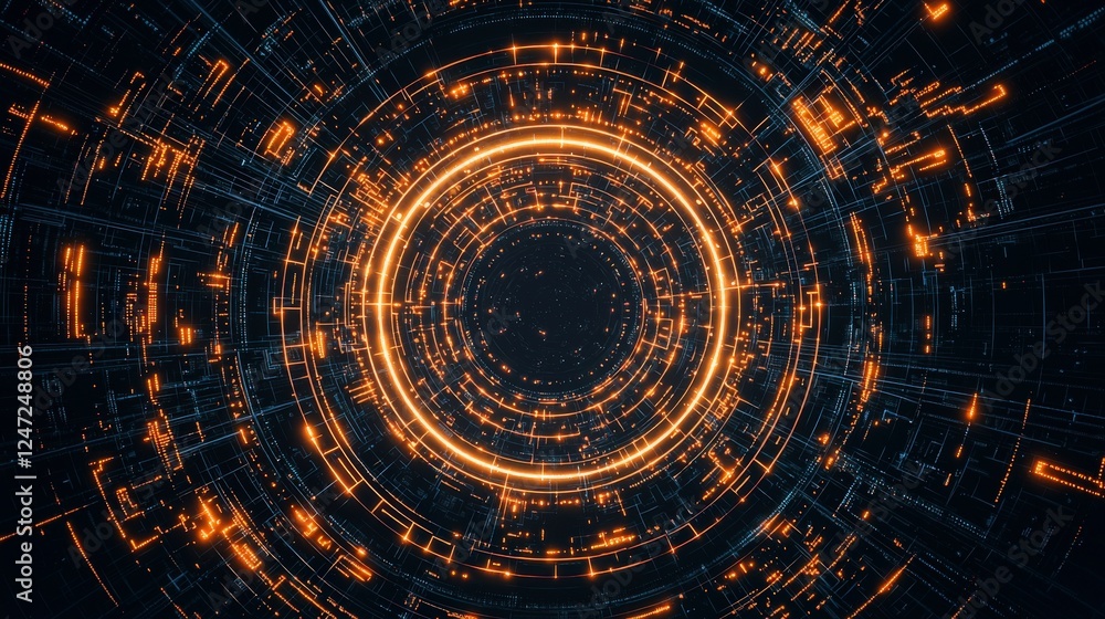 Poster a mesmerizing abstract design featuring glowing orange and blue circular patterns on a dark backgrou
